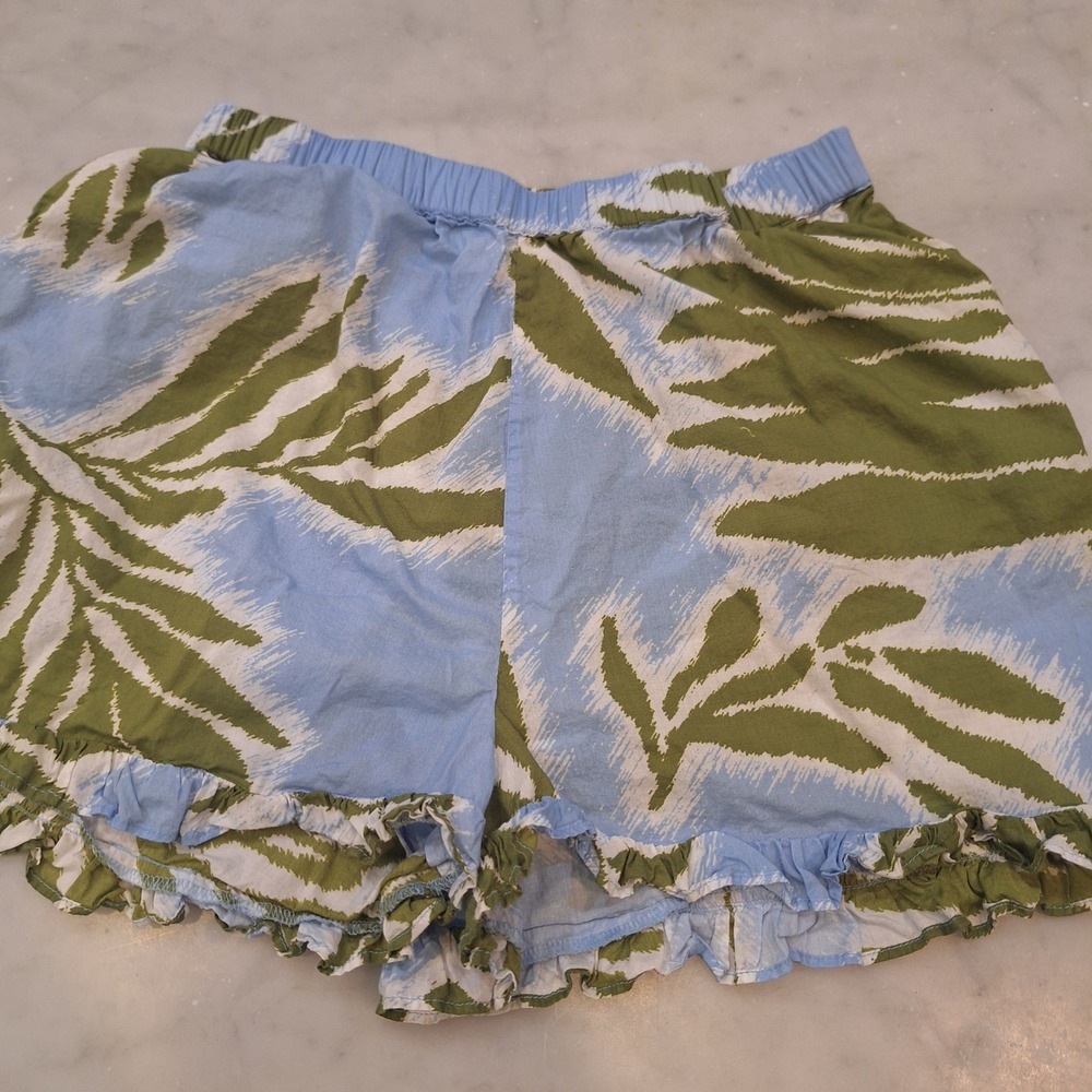 Tanya Taylor Ruffle Shorts Wom Lg (*Med) Green Blue Tropical Leaf Print Pockets